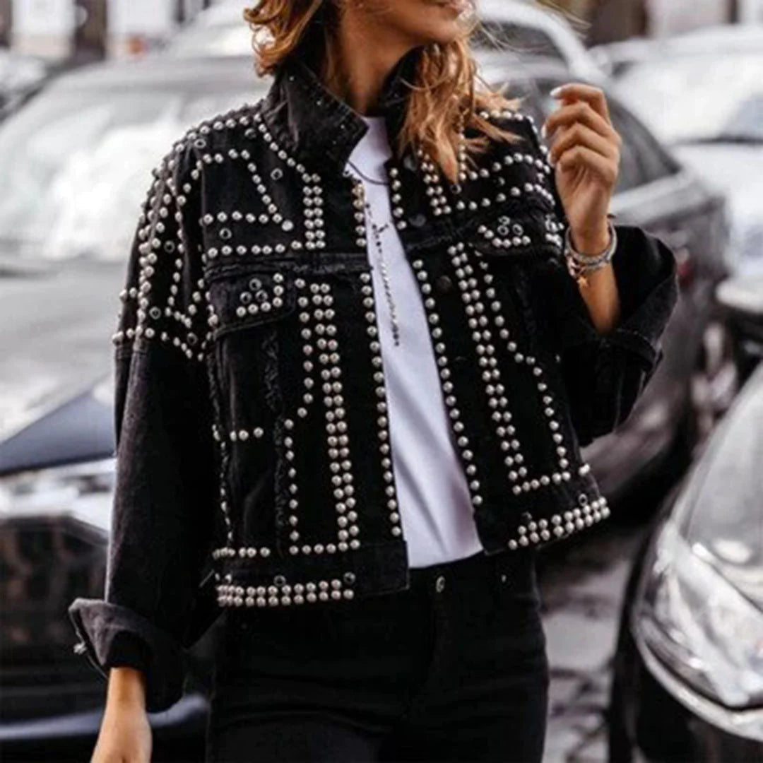 Street-Wave Studded Denim Jacket With Metallic Embellishments For Trendsetting Women