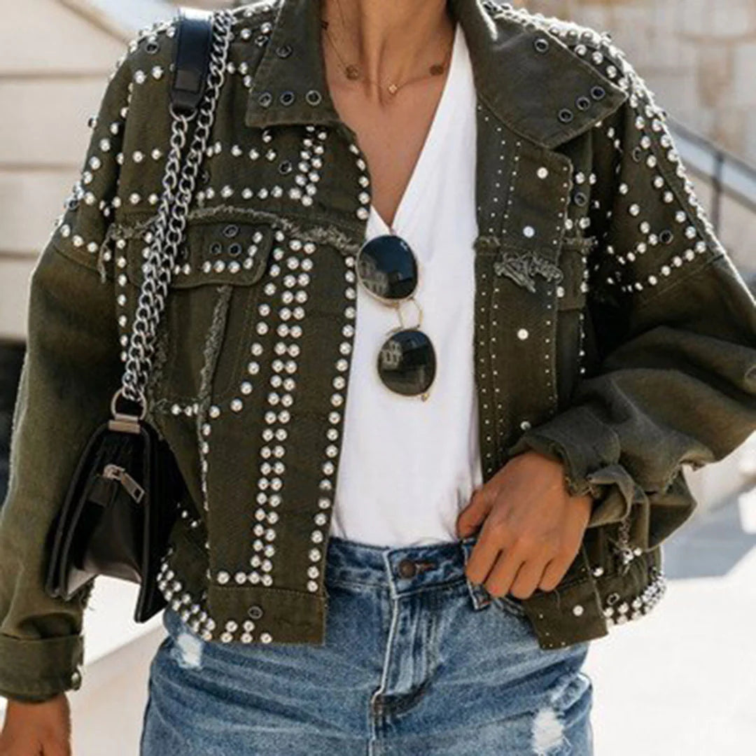 Street-Wave Studded Denim Jacket With Metallic Embellishments For Trendsetting Women