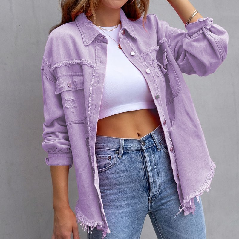 Street Wave Denim Jacket For Women With Frayed Edges And Distressed Details For Effortless Street Style