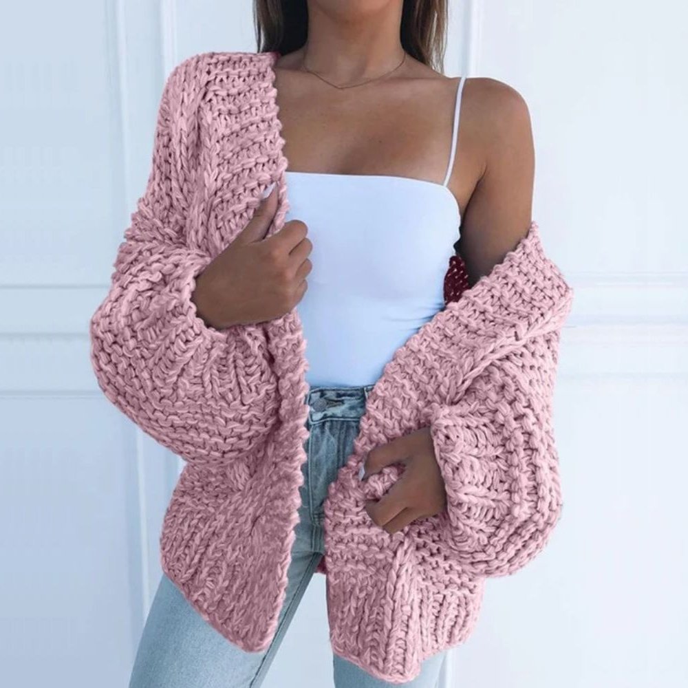 Street-wave Effortless Chunky Knit Cardigan For Women Trendy Black Cozy Outerwear