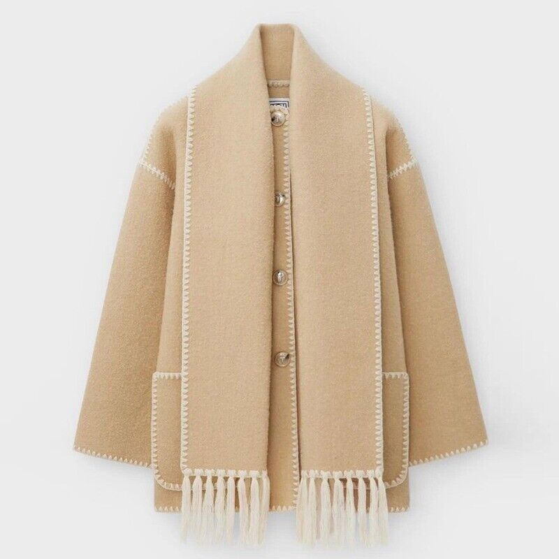 Street Wave Fringed Wool Wrap Coat Winter Warmth And Cozy Fringe Trim Pockets For Women