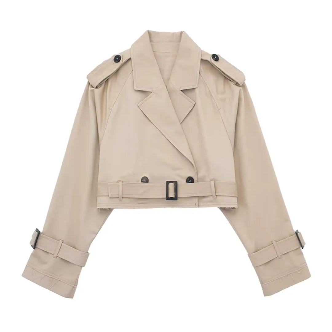 Street Wave Cropped Trench Coat With Vintage Style Belted Silhouette For Fashion Lovers