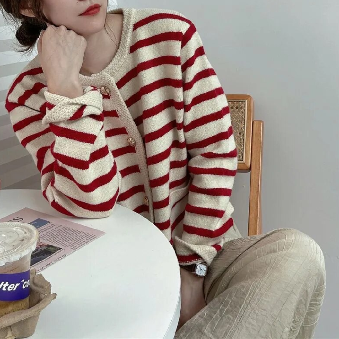 Street-Wave Striped Cardigan with Gold Button Detail Glamorous Trendy Knit for Women