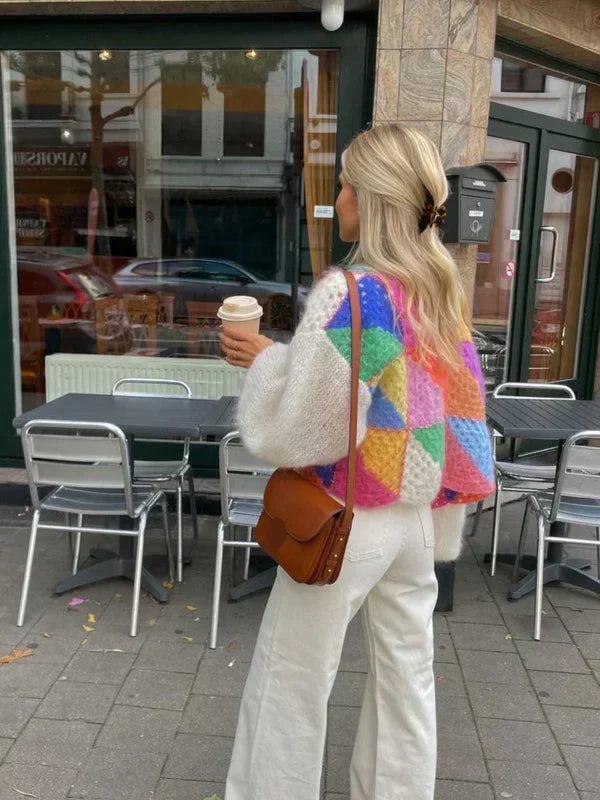 Street-wave Patchwork Knit Cardigan For Women Vibrant Colorblock Comfort Durable Premium Quality