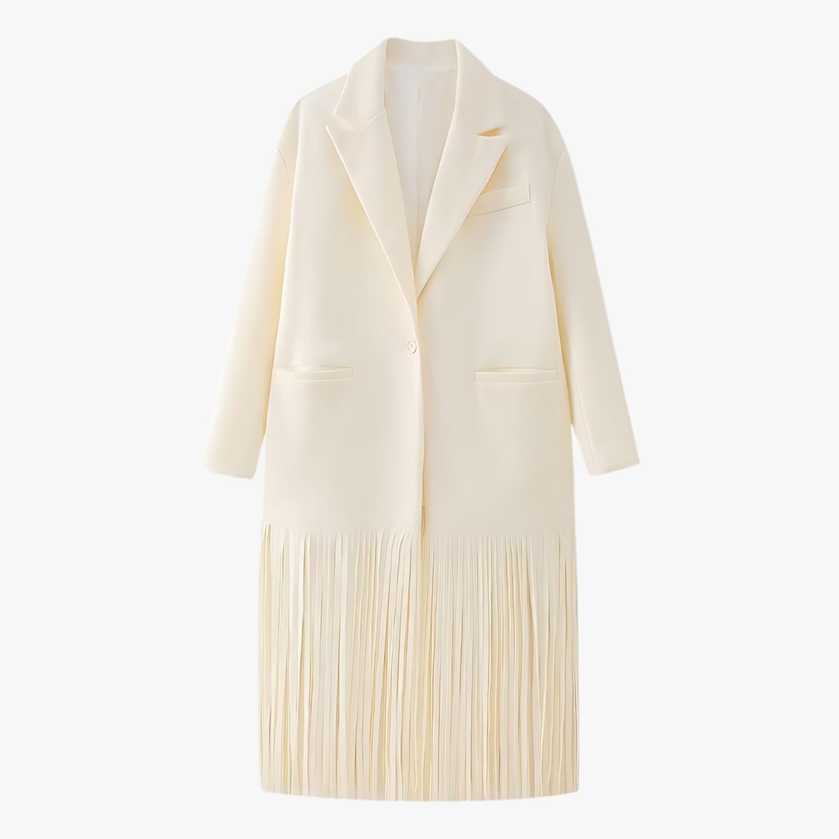 Street-wave Cream Fringe Coat With Fringed Hem Elegant Minimalist Outerwear For Women