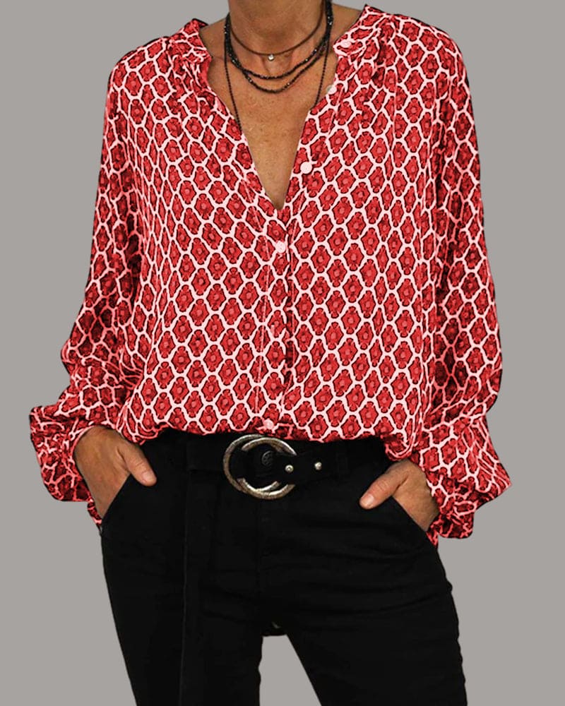 Street Wave Autumn V Neck Blouse Geometric Print All Day Comfort Professionals