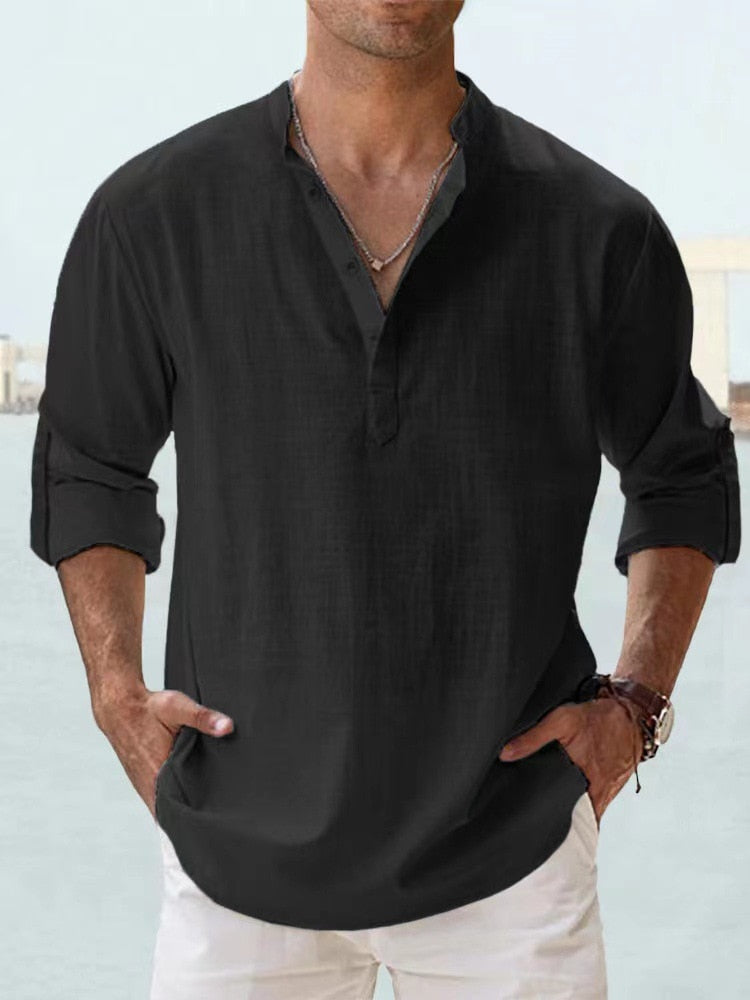 Street Wave Linen Summer Henley For Men Breathable Lightweight Comfort Relaxed Fit