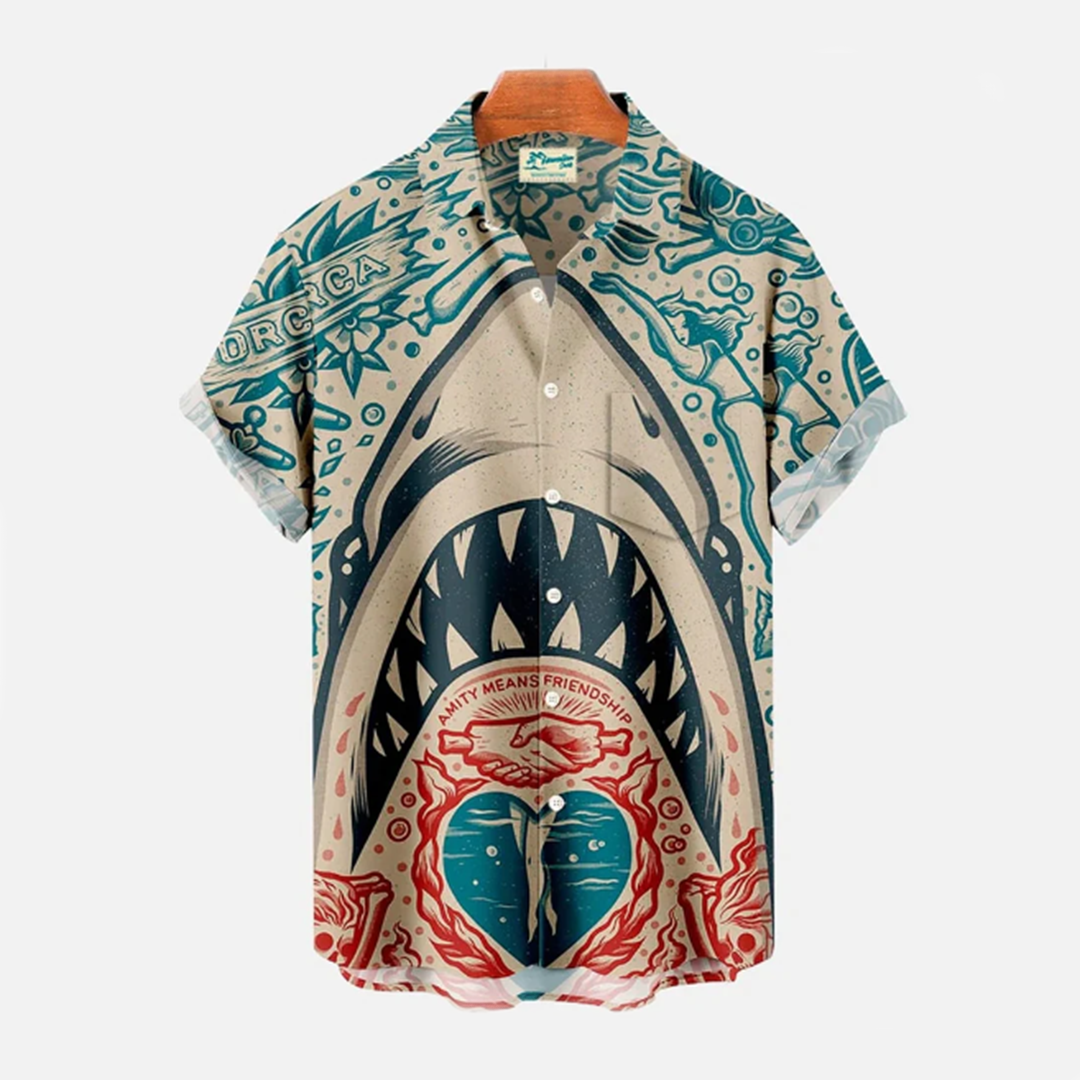 Street-wave Shark Print Summer Shirt for Men Breathable Cool Beachwear With Bold Design