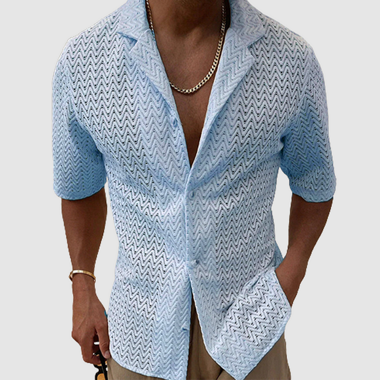 Street Wave Summer Knit Shirt For Men Breathable Zigzag Open Front Casual Top Lightweight Essential