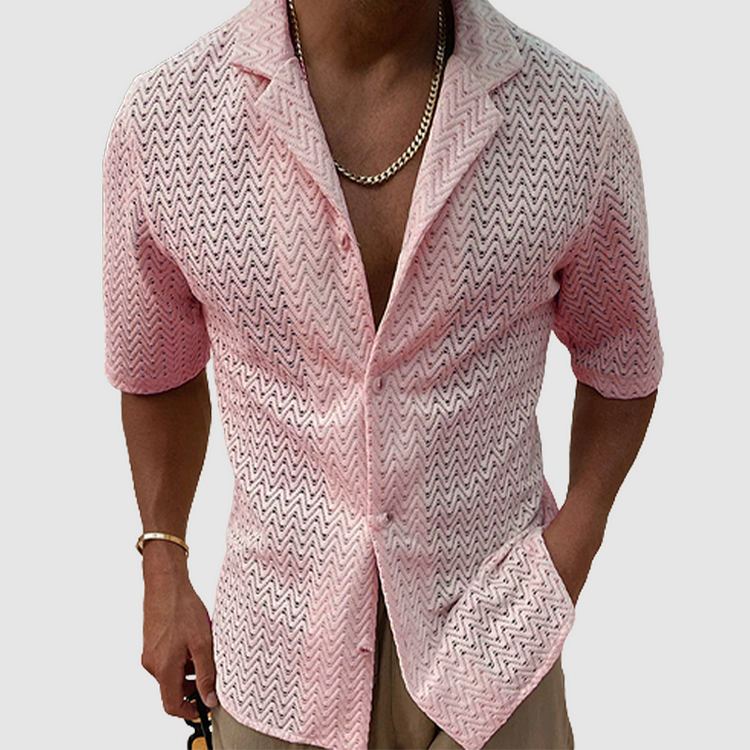 Street Wave Summer Knit Shirt For Men Breathable Zigzag Open Front Casual Top Lightweight Essential