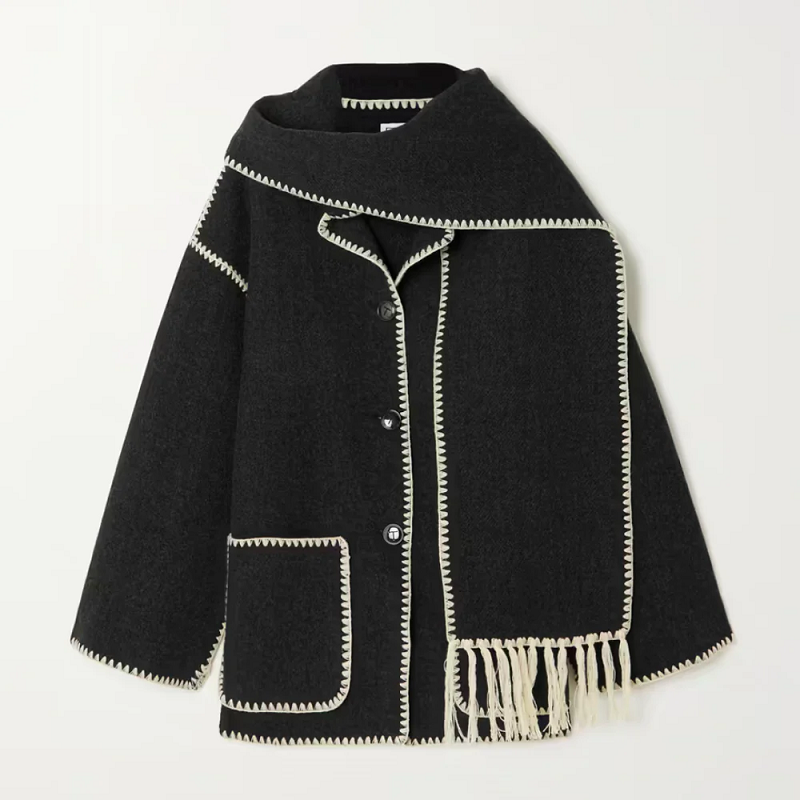 Street-Wave Wool Coat Women Oversized Fit Shawl Collar Fringe Detailing Button Closure Chic