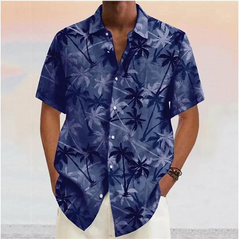 Street-Wave Mens Red Palm Print Short Sleeve Shirt Breathable Cotton Blend Casual Summer Style For Men