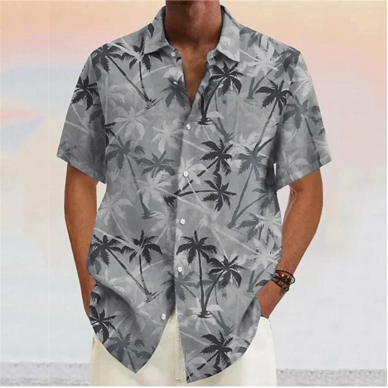 Street-Wave Mens Red Palm Print Short Sleeve Shirt Breathable Cotton Blend Casual Summer Style For Men