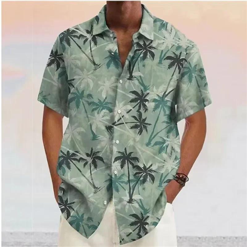 Street-Wave Mens Red Palm Print Short Sleeve Shirt Breathable Cotton Blend Casual Summer Style For Men