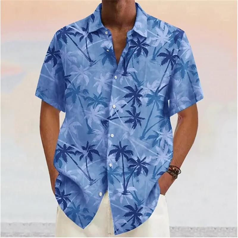 Street-Wave Mens Red Palm Print Short Sleeve Shirt Breathable Cotton Blend Casual Summer Style For Men