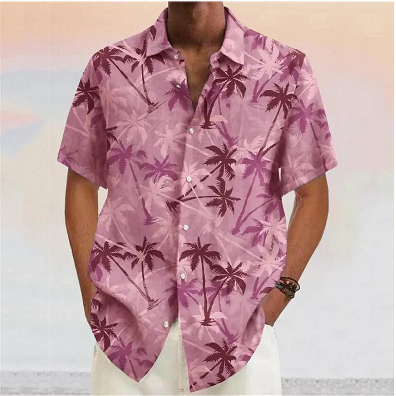 Street-Wave Mens Red Palm Print Short Sleeve Shirt Breathable Cotton Blend Casual Summer Style For Men
