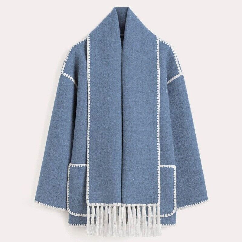 Street Wave Fringed Wool Wrap Coat Winter Warmth And Cozy Fringe Trim Pockets For Women