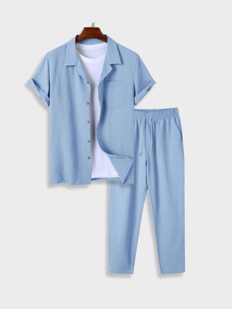 Streetwave Mens Linen Shirt And Elastic Waist Pants Set For Office And Travel Comfort