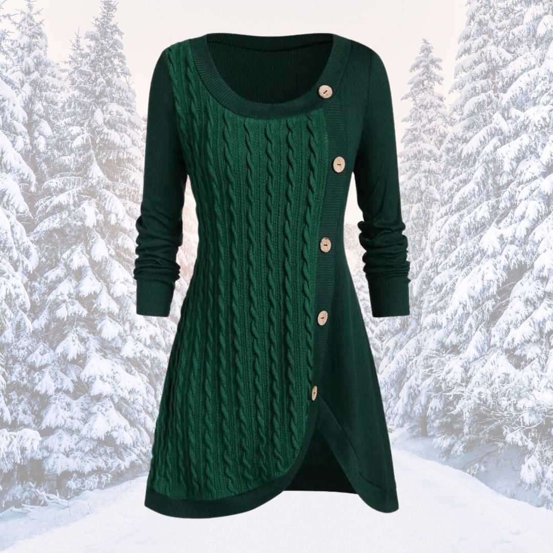 Street-Wave Cozy Knit Dress With Tulip Silhouette Button Trim Warm Winter Comfort For Women