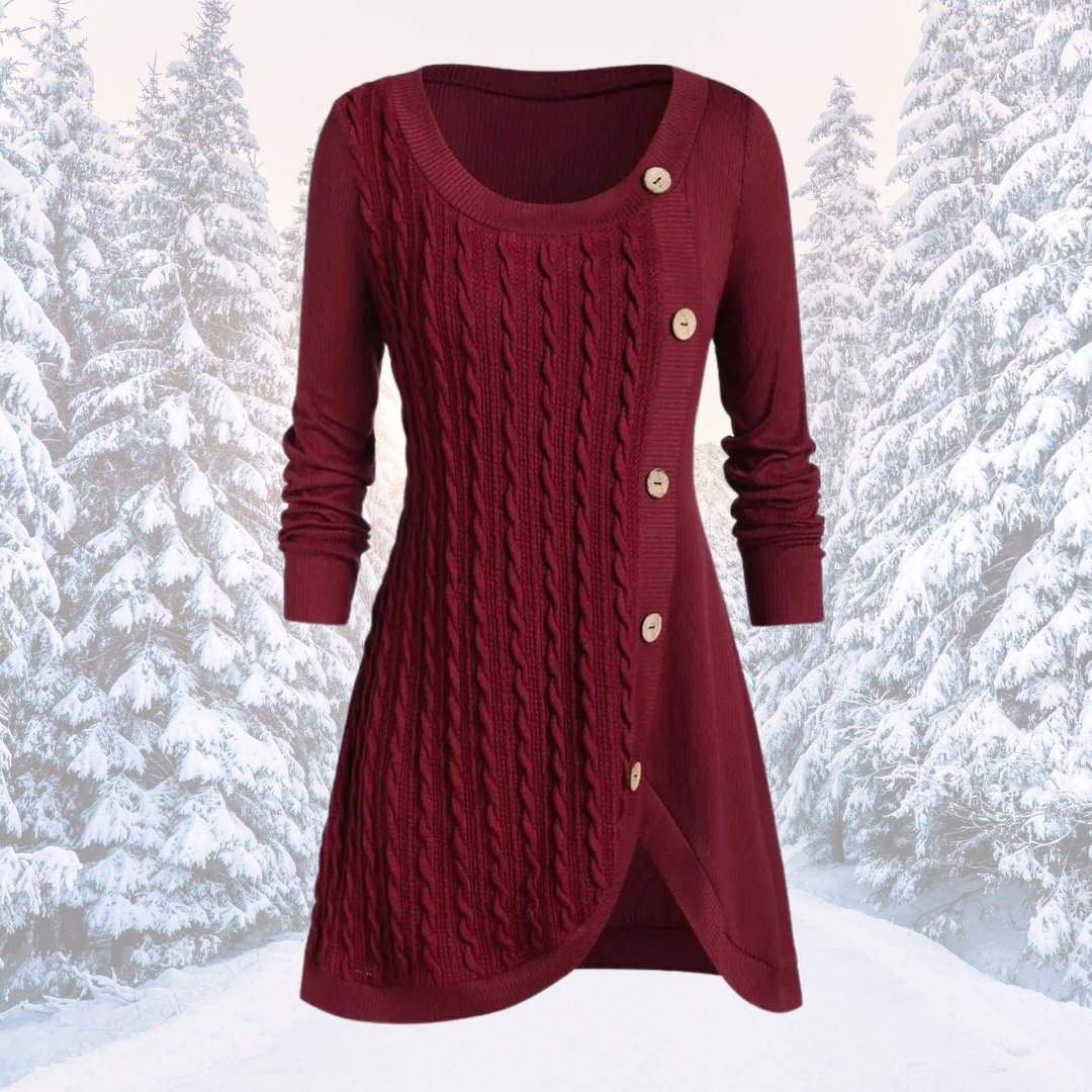 Street-Wave Cozy Knit Dress With Tulip Silhouette Button Trim Warm Winter Comfort For Women