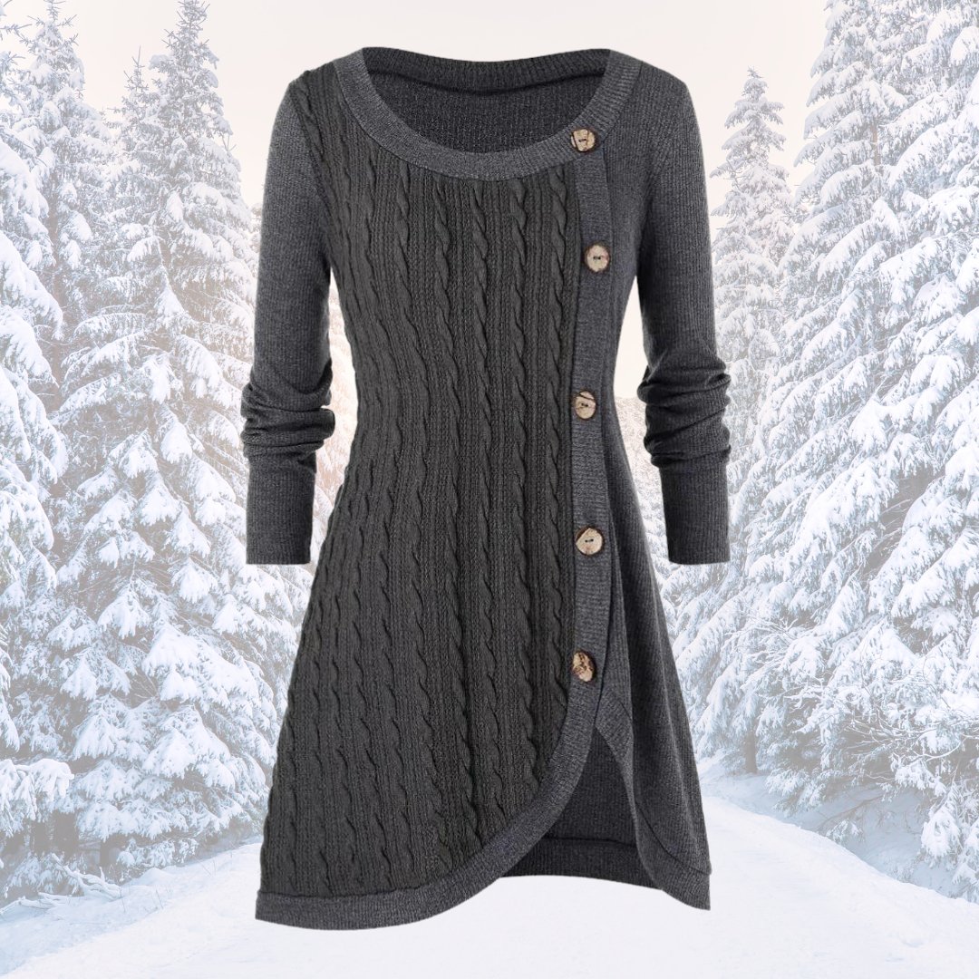 Street-Wave Cozy Knit Dress With Tulip Silhouette Button Trim Warm Winter Comfort For Women