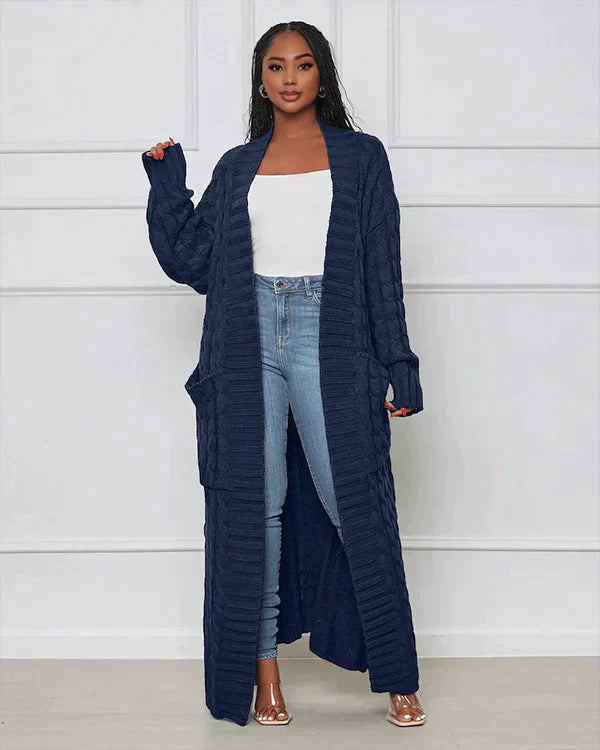 Street-Wave Cable Knit Cardigan Long Cozy With V Neck For Women Soft Cotton Blend