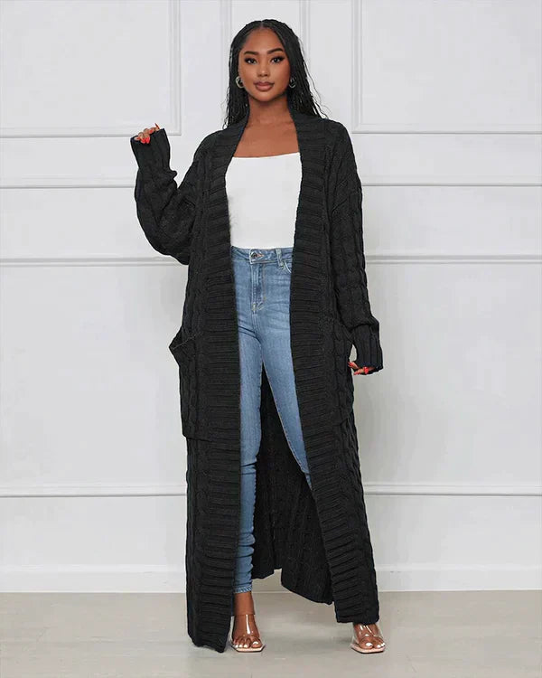 Street-Wave Cable Knit Cardigan Long Cozy With V Neck For Women Soft Cotton Blend