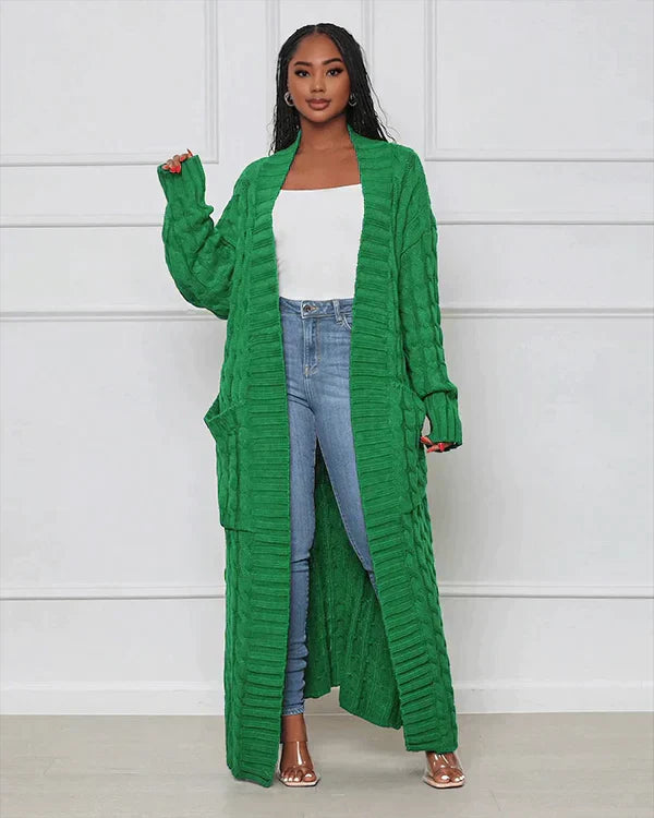 Street-Wave Cable Knit Cardigan Long Cozy With V Neck For Women Soft Cotton Blend