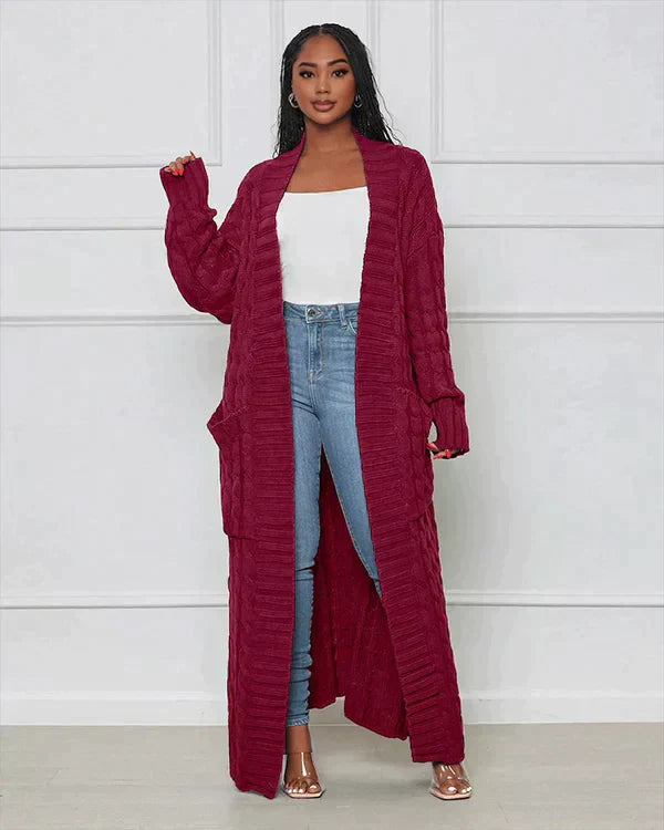 Street-Wave Cable Knit Cardigan Long Cozy With V Neck For Women Soft Cotton Blend