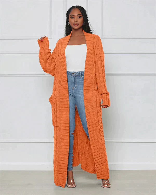 Street-Wave Cable Knit Cardigan Long Cozy With V Neck For Women Soft Cotton Blend