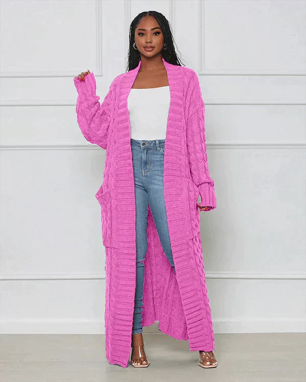 Street-Wave Cable Knit Cardigan Long Cozy With V Neck For Women Soft Cotton Blend