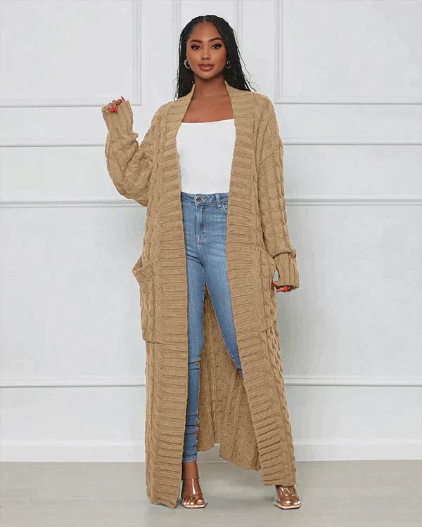 Street-Wave Cable Knit Cardigan Long Cozy With V Neck For Women Soft Cotton Blend