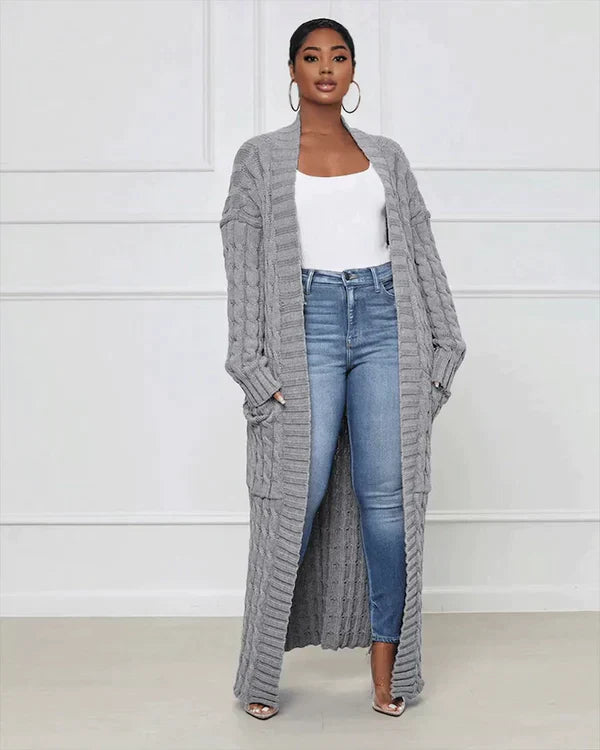 Street-Wave Cable Knit Cardigan Long Cozy With V Neck For Women Soft Cotton Blend