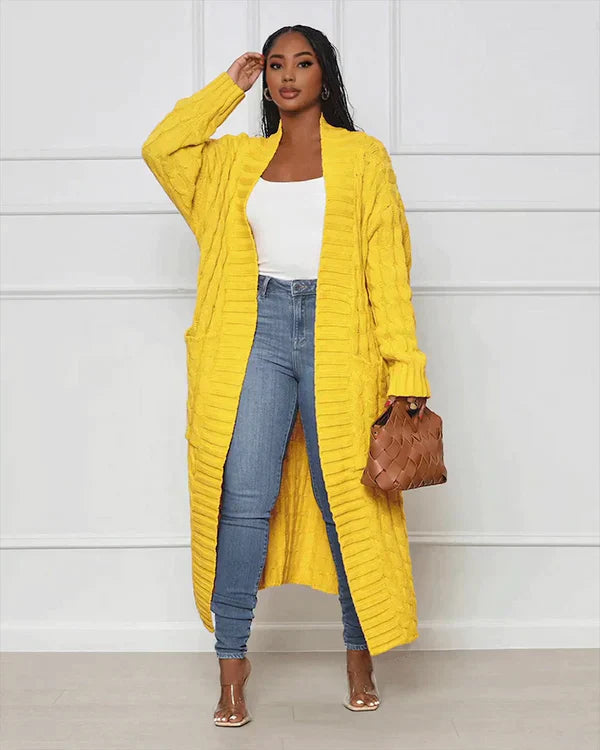 Street-Wave Cable Knit Cardigan Long Cozy With V Neck For Women Soft Cotton Blend