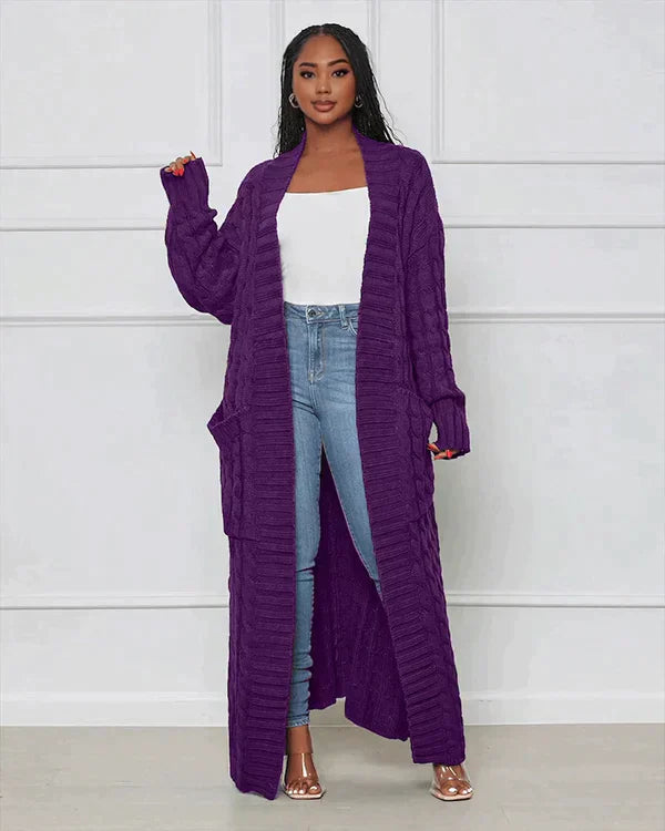 Street-Wave Cable Knit Cardigan Long Cozy With V Neck For Women Soft Cotton Blend