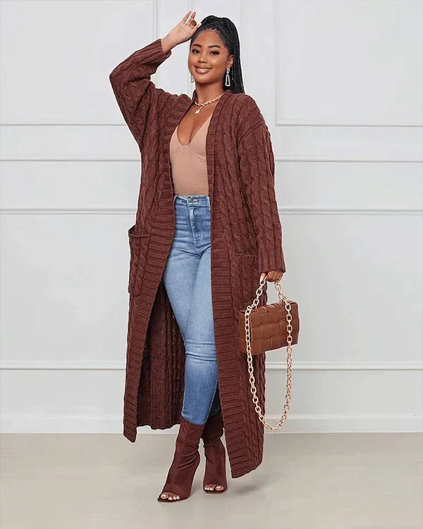 Street-Wave Cable Knit Cardigan Long Cozy With V Neck For Women Soft Cotton Blend