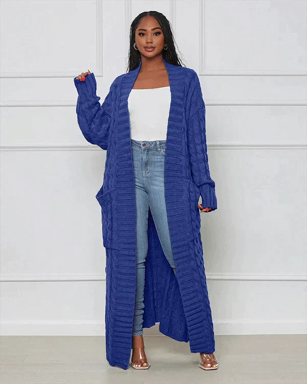 Street-Wave Cable Knit Cardigan Long Cozy With V Neck For Women Soft Cotton Blend