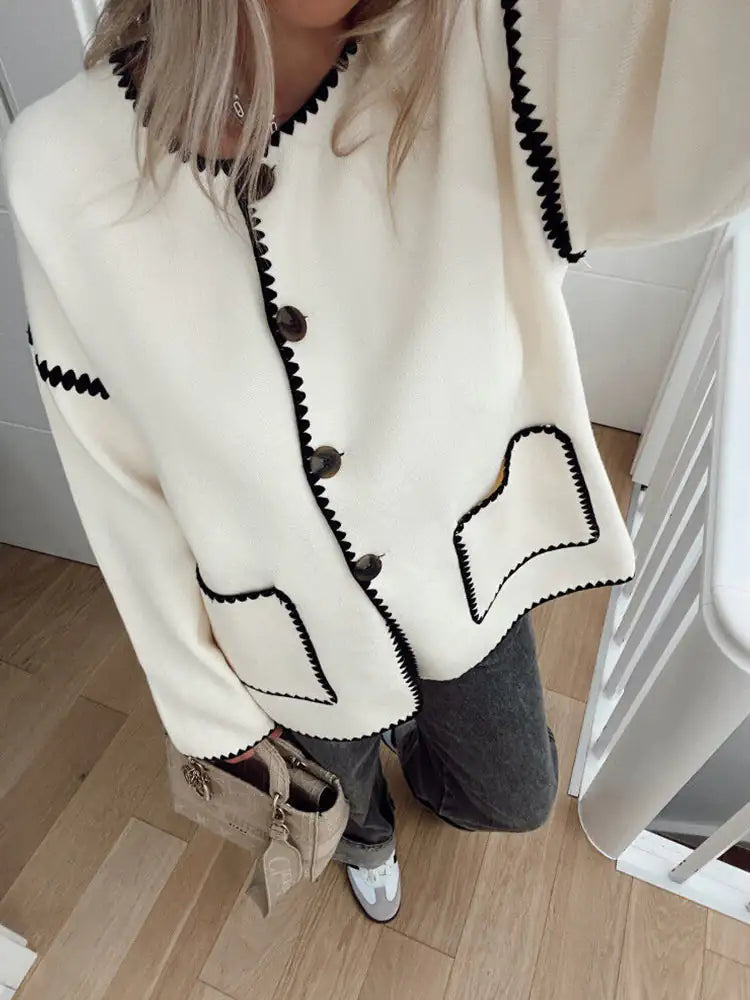 Street-wave Women Cardigan With Contrast Piping And Front Pockets For Effortless Chic Everyday Knitwear