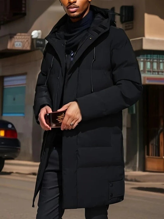 Long Winter Puffer Coat For Men With Hood Zip Closure Extended Length Layering And Daily Warmth