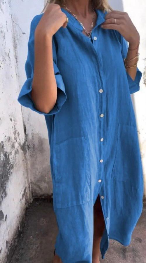Street Wave Linen Midi Shirt Dress For Women With Pockets Breathable Everyday Chic