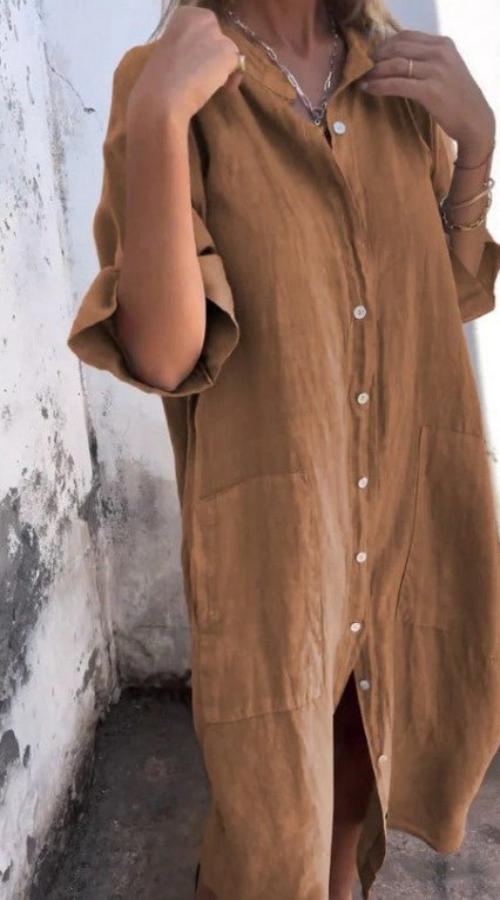 Street Wave Linen Midi Shirt Dress For Women With Pockets Breathable Everyday Chic
