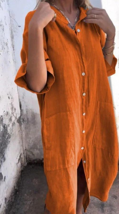 Street Wave Linen Midi Shirt Dress For Women With Pockets Breathable Everyday Chic