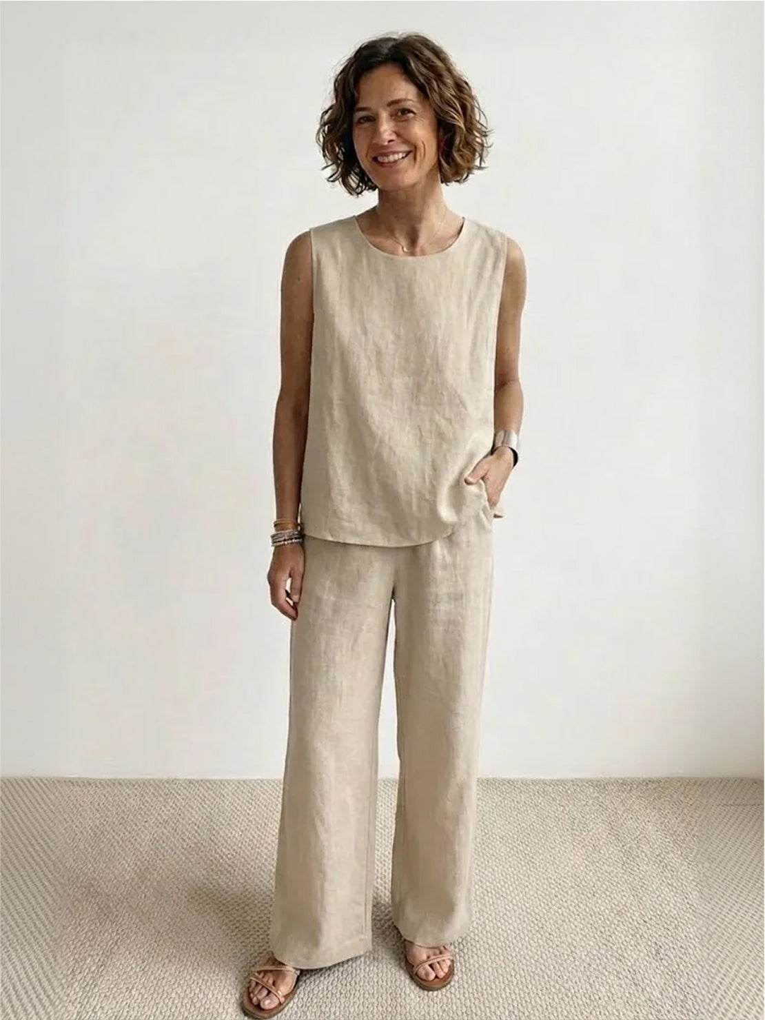 Women's Sleeveless Tank Top with Matching Wide-Leg Trousers
