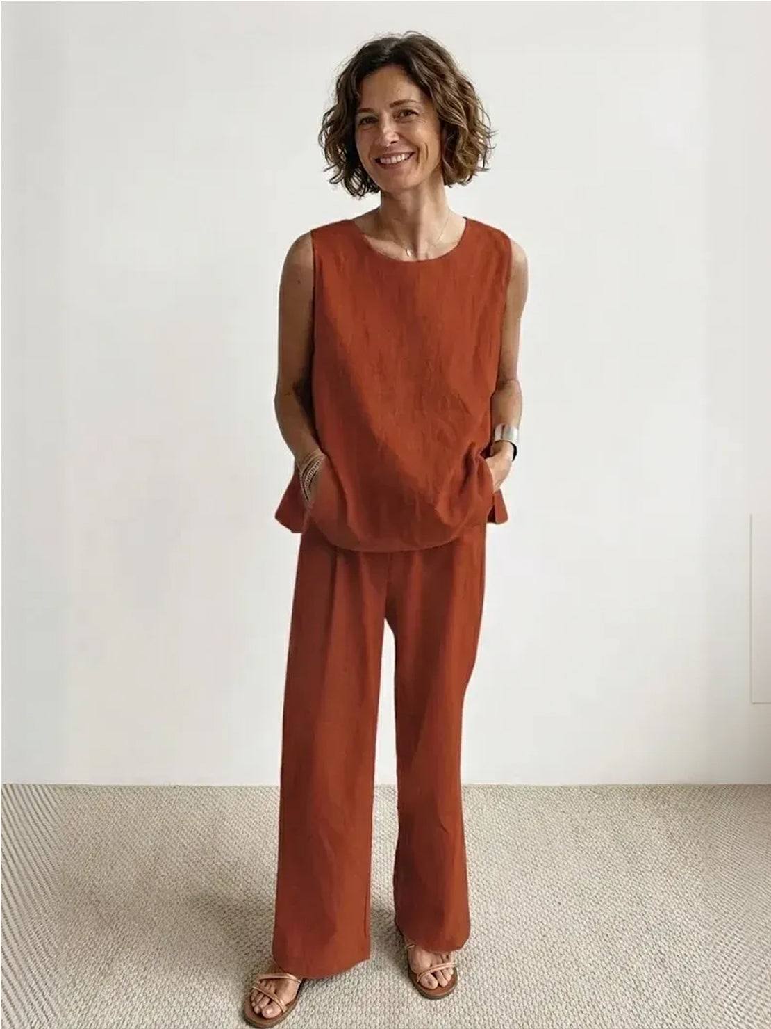 Women's Sleeveless Tank Top with Matching Wide-Leg Trousers