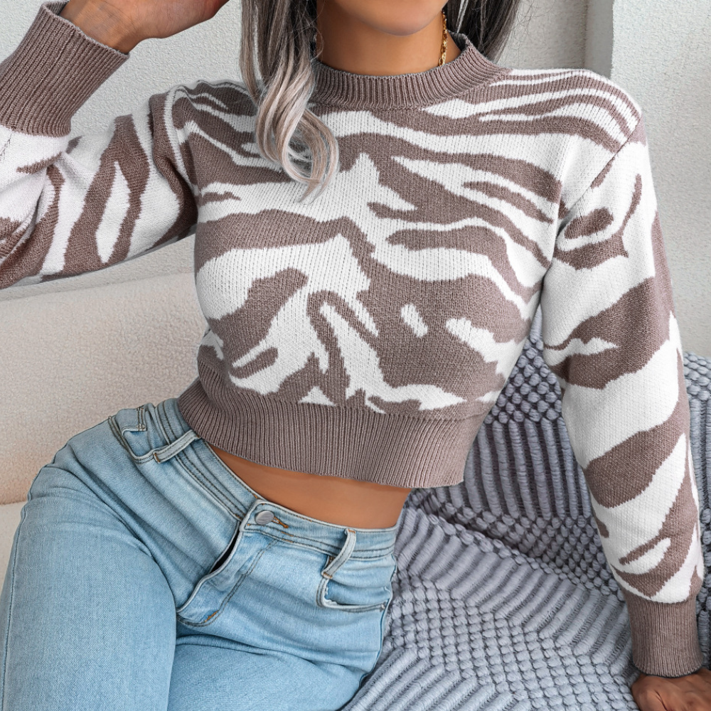 Street-Wave Cropped Animal Print Knit Sweater For Women Soft Trendy Everyday Wear