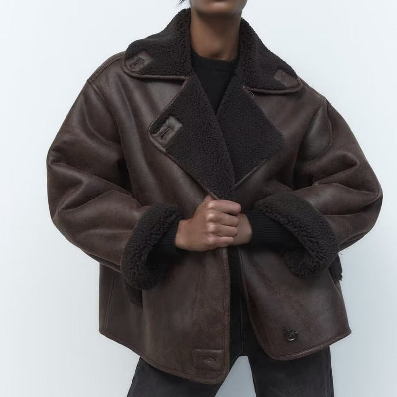 Street-wave Plus Size Lamb Fur Aviator Jacket With Oversized Collar For Women, Cozy Yet Bold