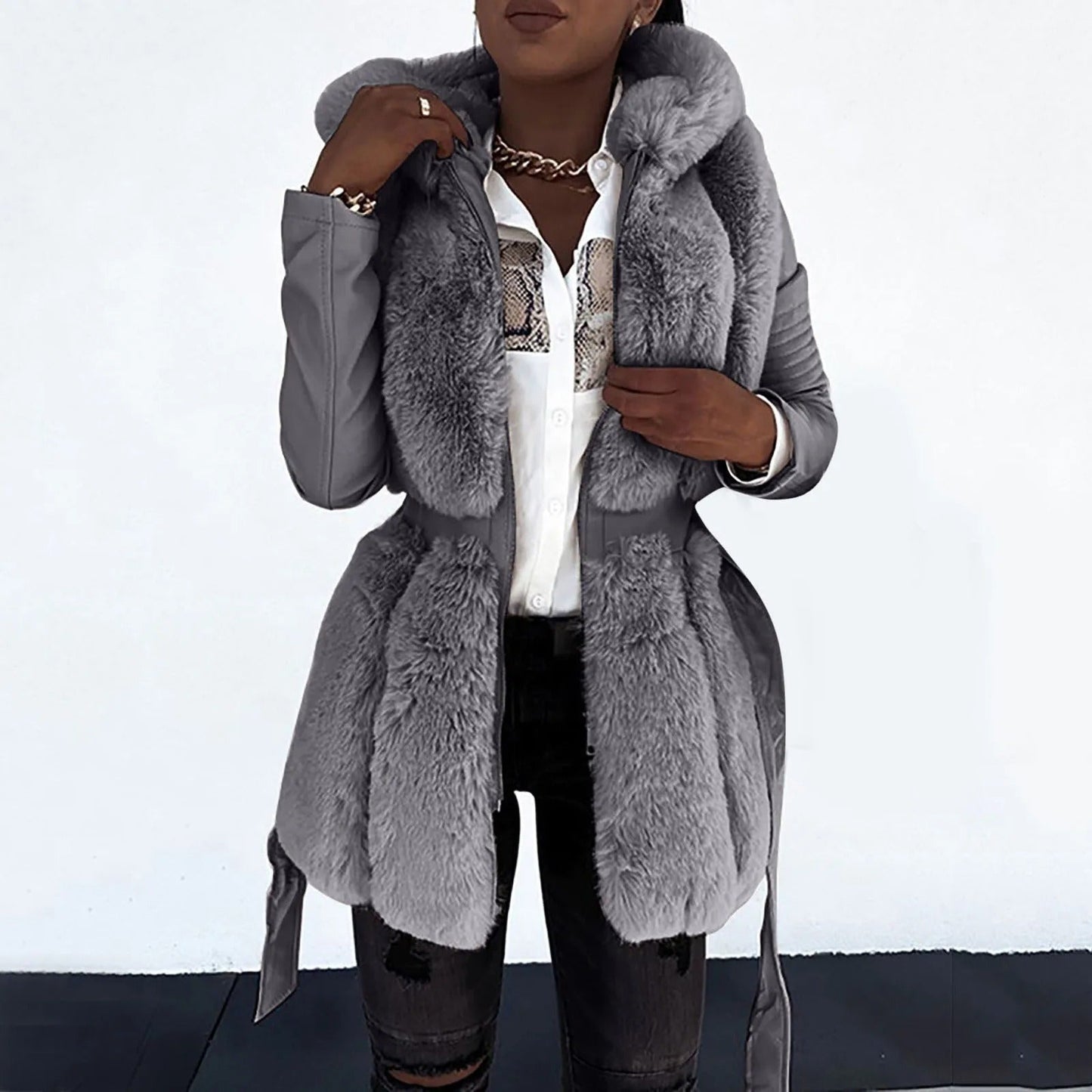 Street-wave Black Vegan Leather Jacket With Faux Fur Collar For Women Belted Warmth And Style