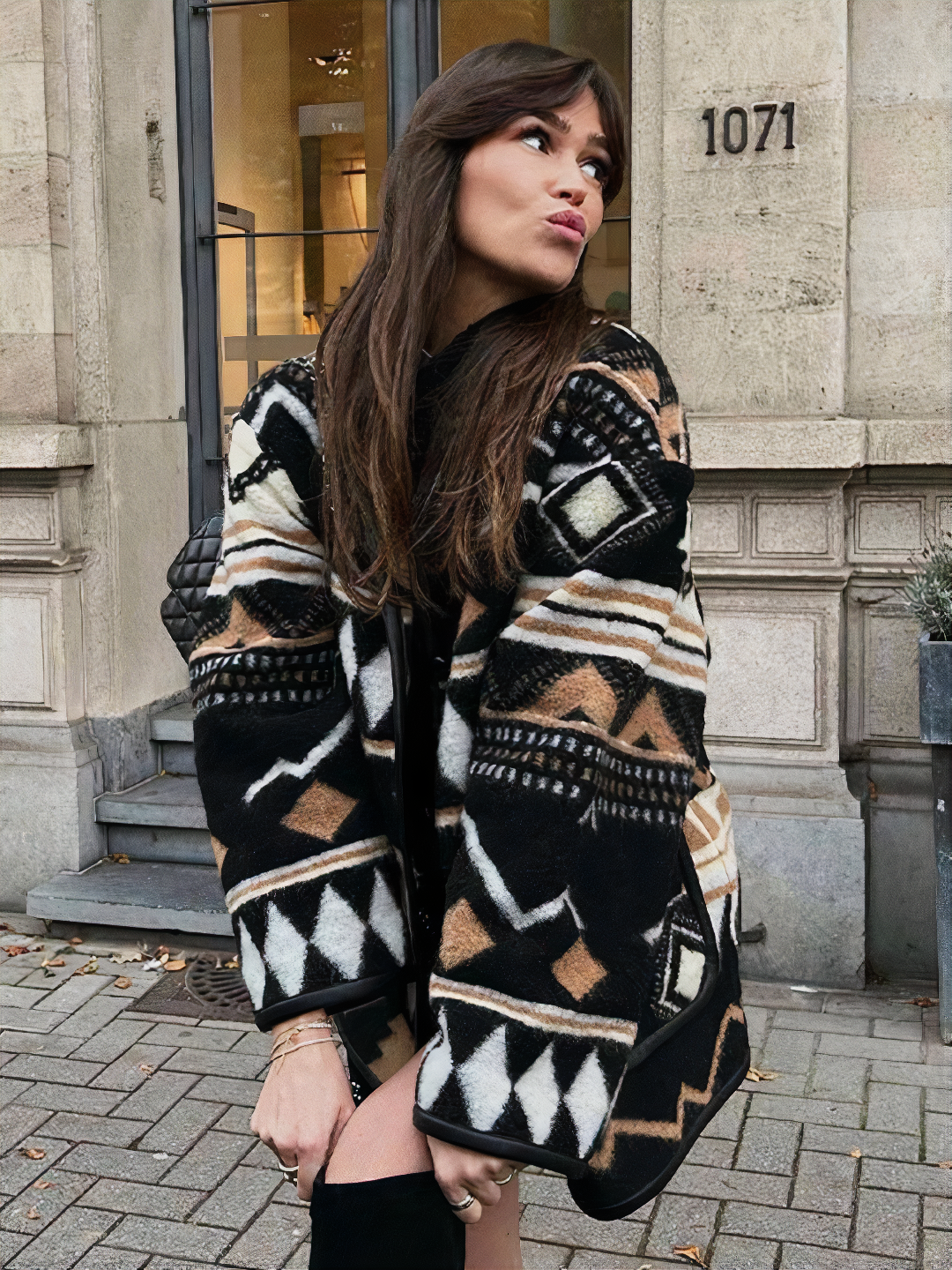 Street-wave Womens Geometric Pattern Coat Warm Cozy Stylish Autumn Winter Outerwear For Ladies