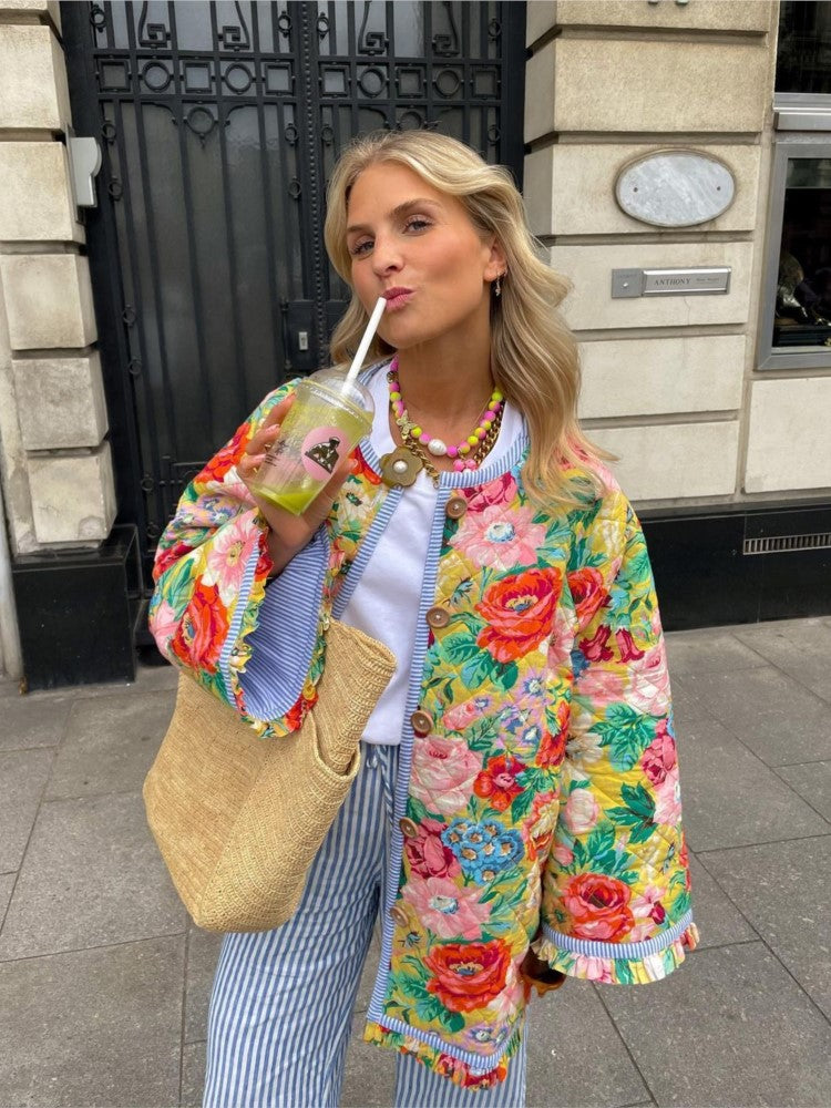 Street-Wave Floral Patchwork Jacket For Women With Bold Artistic Design And Colorful Comfort