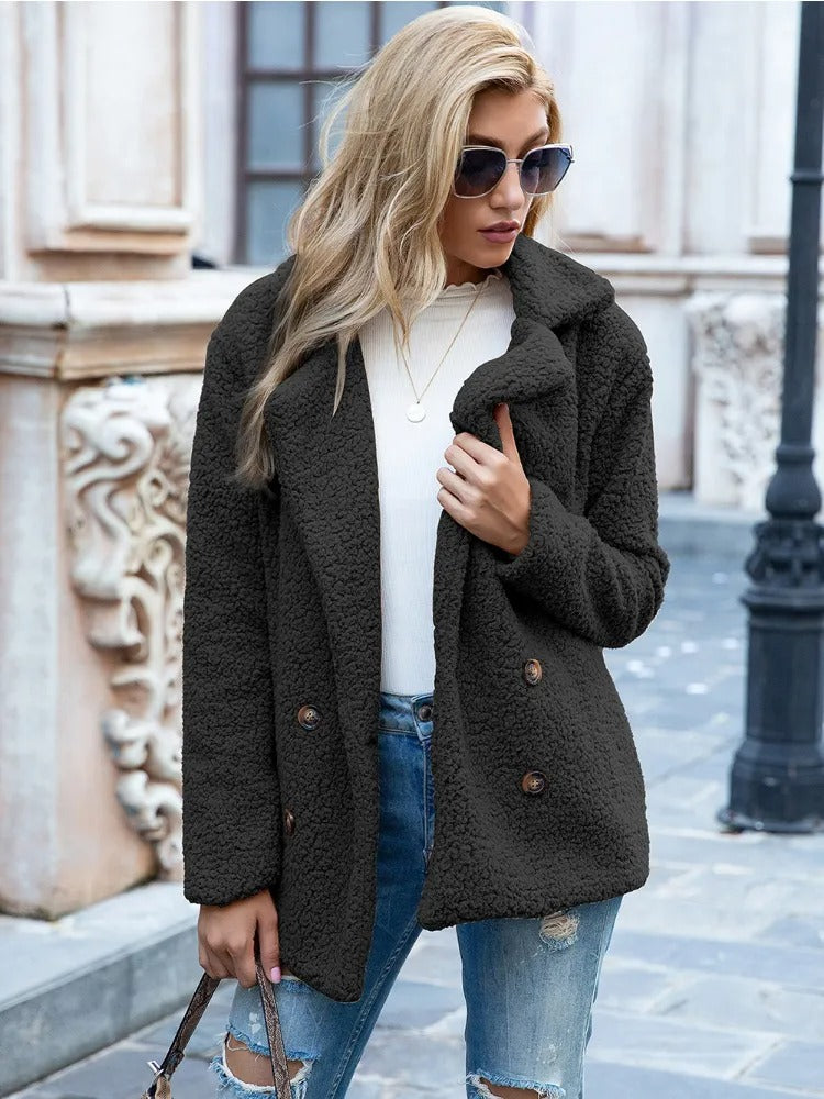 Street-Wave Teddy Coat For Women - Ultra Cozy Sherpa Fleece With Double Button Front